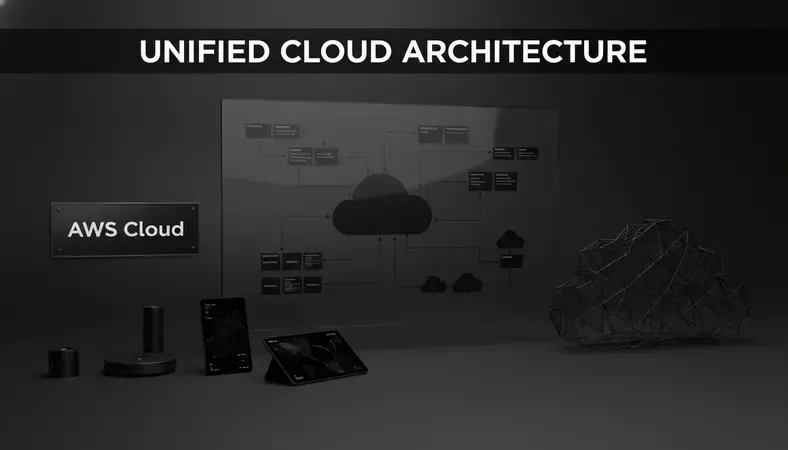 Diagram of an AWS cloud environment architecture showing compute, storage, networking, and database layers connected through AWS regions and availability zones