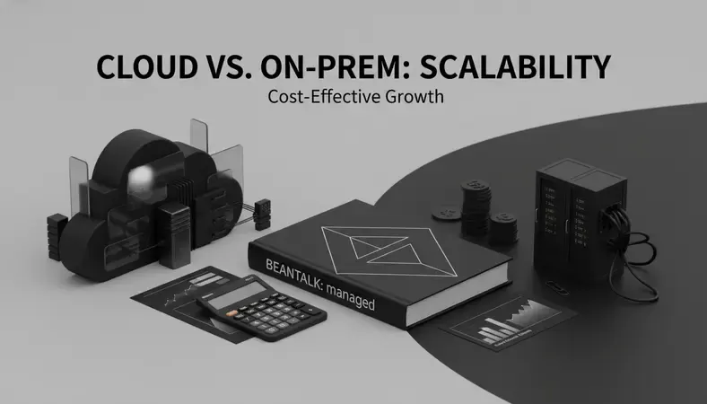 Side-by-side visual comparison of AWS cloud environment infrastructure versus traditional on-premises server room setup, showing scalability and cost differences
