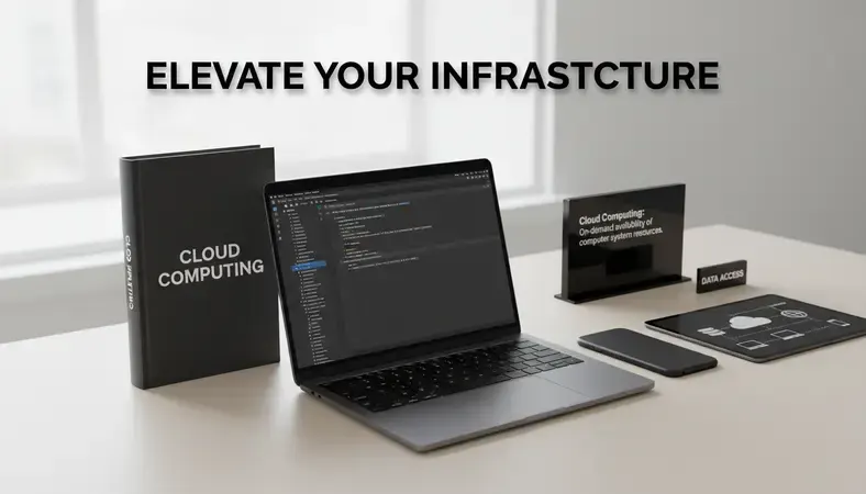 Diagram showing cloud computing architecture with servers, internet connection, and end-user devices accessing data and applications remotely