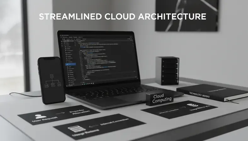 Step-by-step flowchart of how cloud computing works, showing user request, provider allocation, internet connection, and usage billing cycle