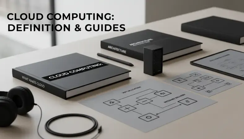 Step-by-step diagram of how cloud computing works, showing virtualization, data centers, internet delivery, and end-user devices