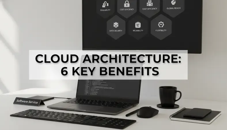 Infographic showing six key benefits of cloud computing architecture including scalability, cost efficiency, and geographic reach