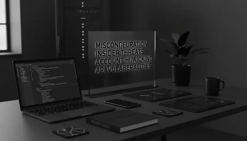 Visual showing the most common cloud security threats including misconfiguration, insider threats, account hijacking, and API vulnerabilities