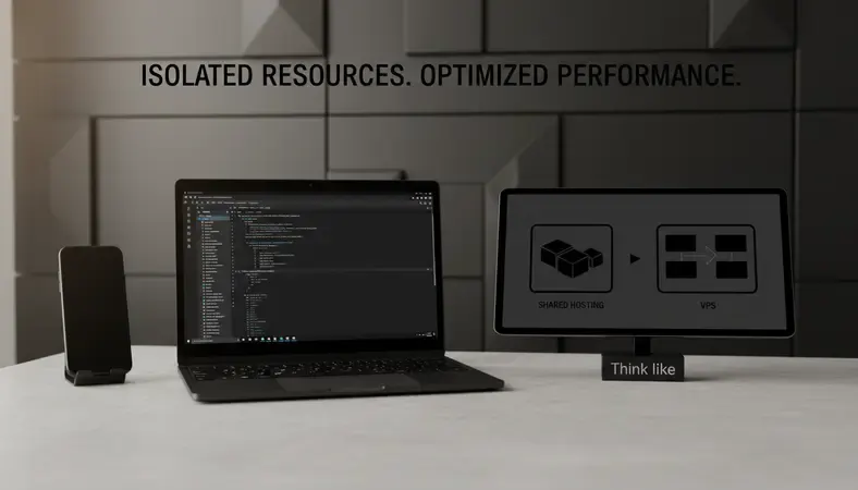 Side-by-side comparison illustration of shared hosting resource contention versus VPS isolated resource allocation on the same physical server
