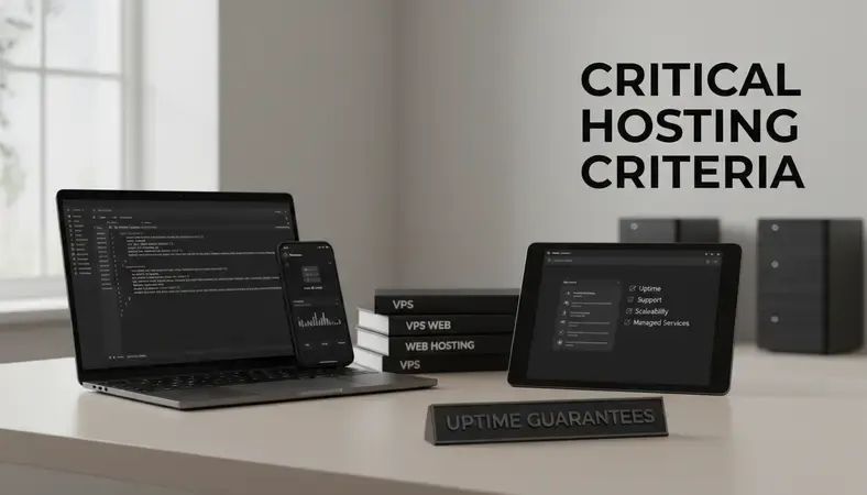 Checklist of key criteria for evaluating VPS web hosting providers including uptime, support, scalability, and managed services