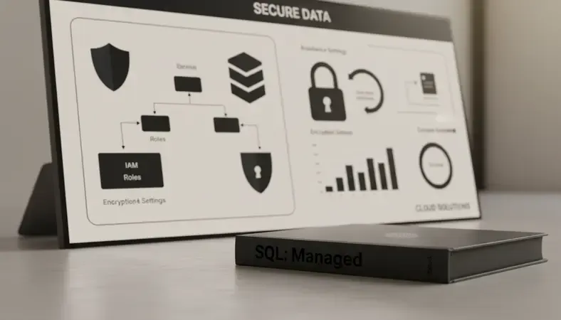 GCP Google Cloud security console showing IAM roles, encryption settings, and compliance dashboard