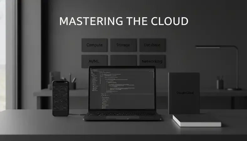 Visual overview of GCP service categories including Compute, Storage, Database, AI/ML, and Networking arranged in a structured grid