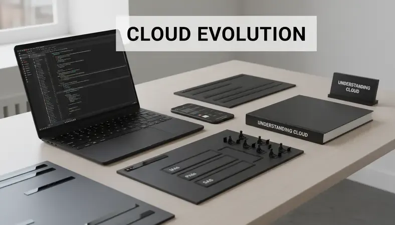 Diagram showing cloud computing infrastructure with IaaS, PaaS, and SaaS layers connected to business users on laptops and mobile devices
